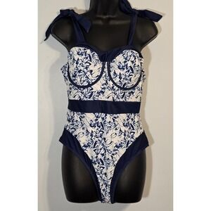 Women's Blue & White Floral Print Bathing Suit‎ Size Large Tie Straps Beach Pool